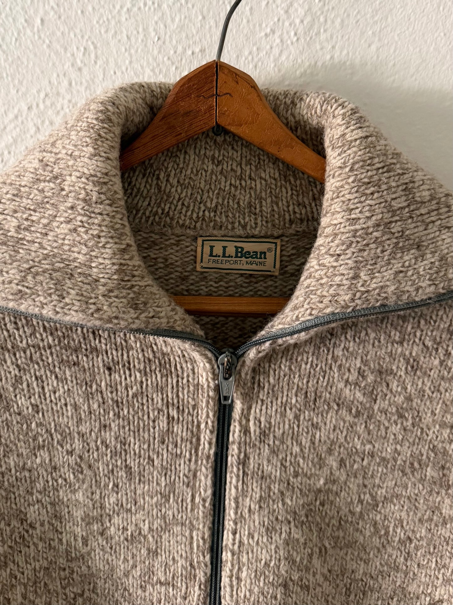 1990s L.L. Bean oatmeal heather full-zip turtleneck sweater