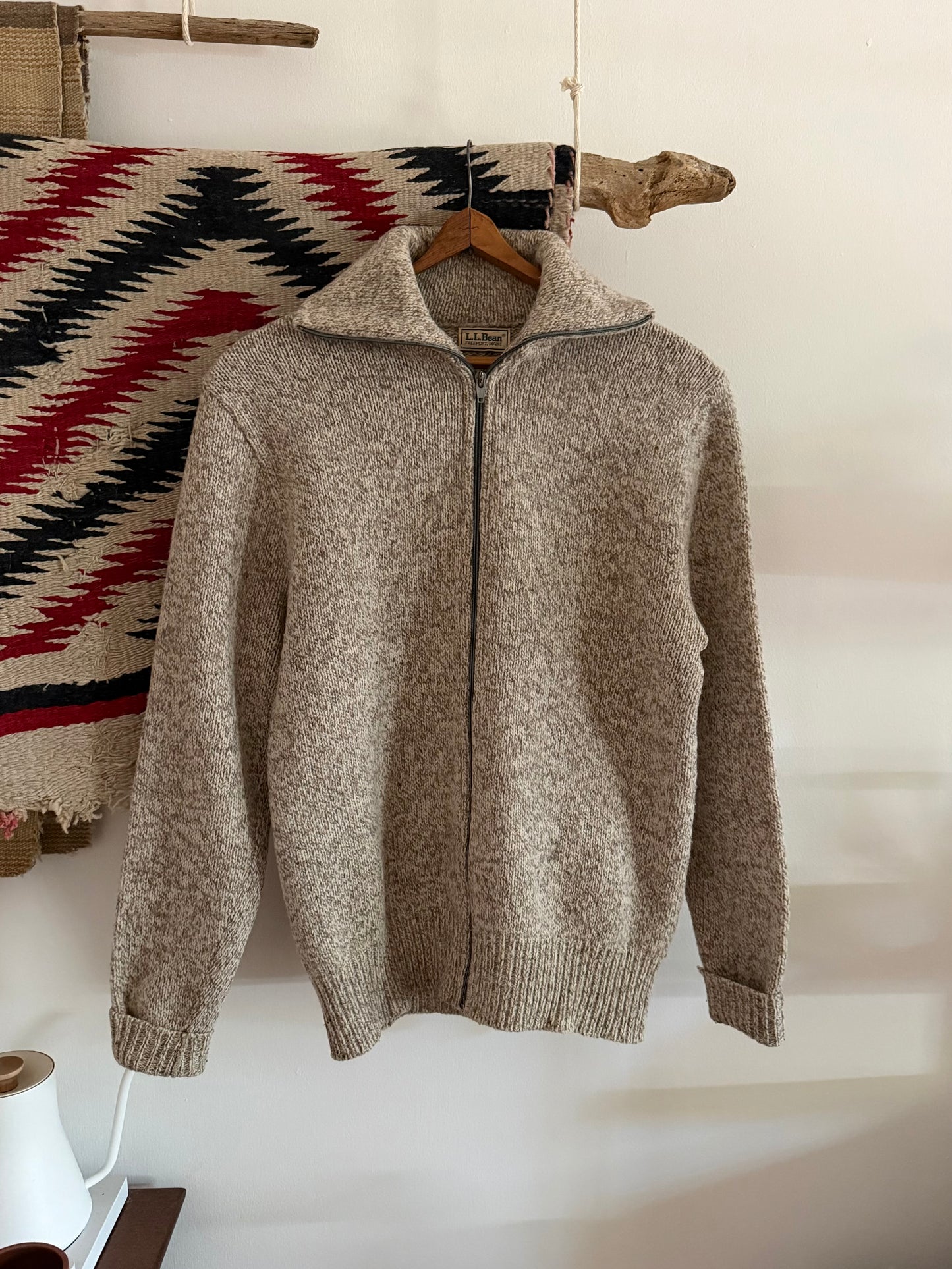 1990s L.L. Bean oatmeal heather full-zip turtleneck sweater